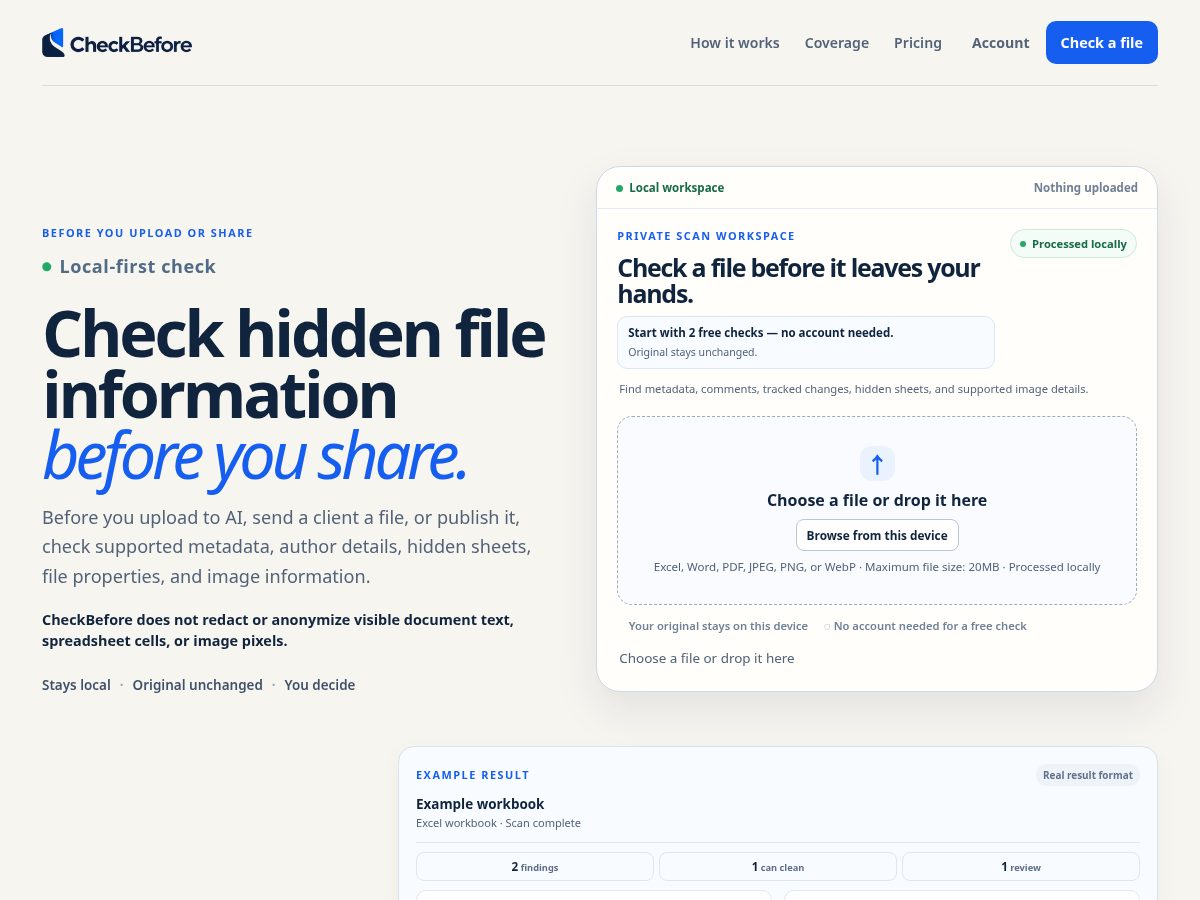 Landing-page snapshot of checkbeforeai.com