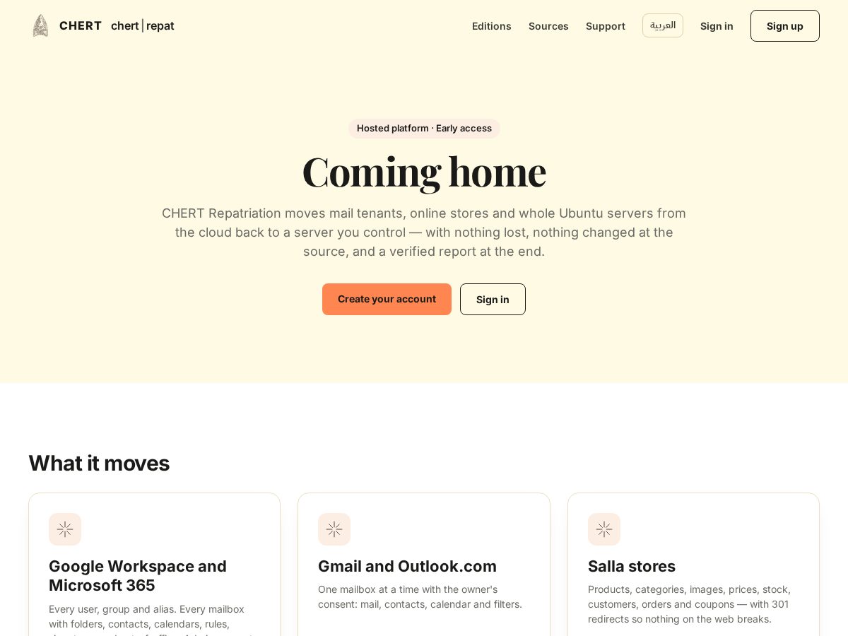 Landing-page snapshot of chertrepatriation.com