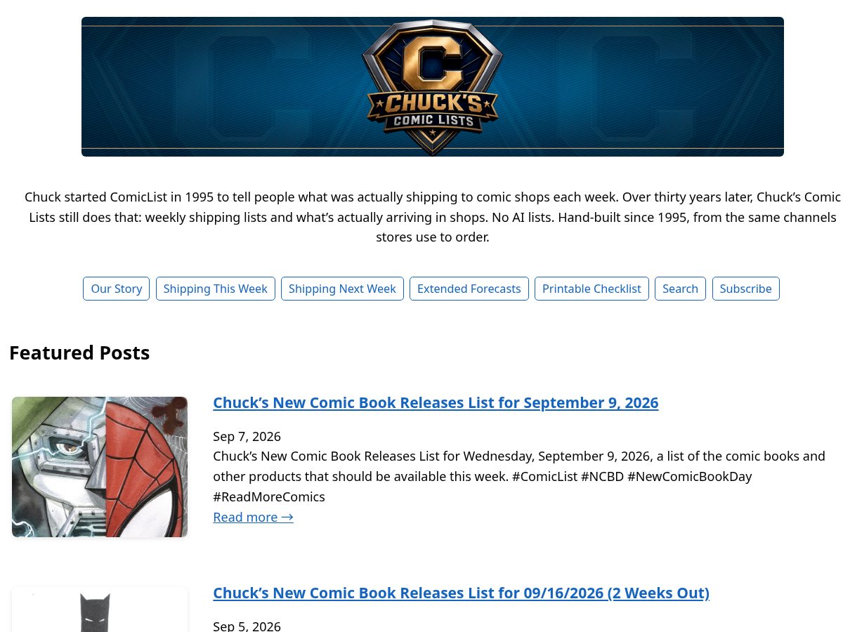 Landing-page snapshot of chuckscomiclists.com
