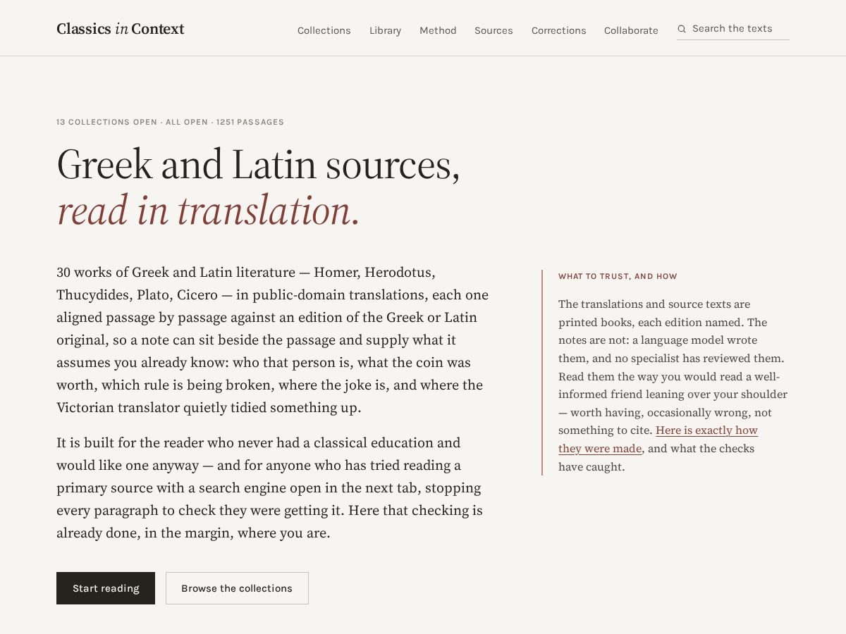 Landing-page snapshot of classicsincontext.org