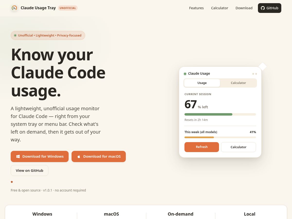 Landing-page snapshot of claudeusagetray.com