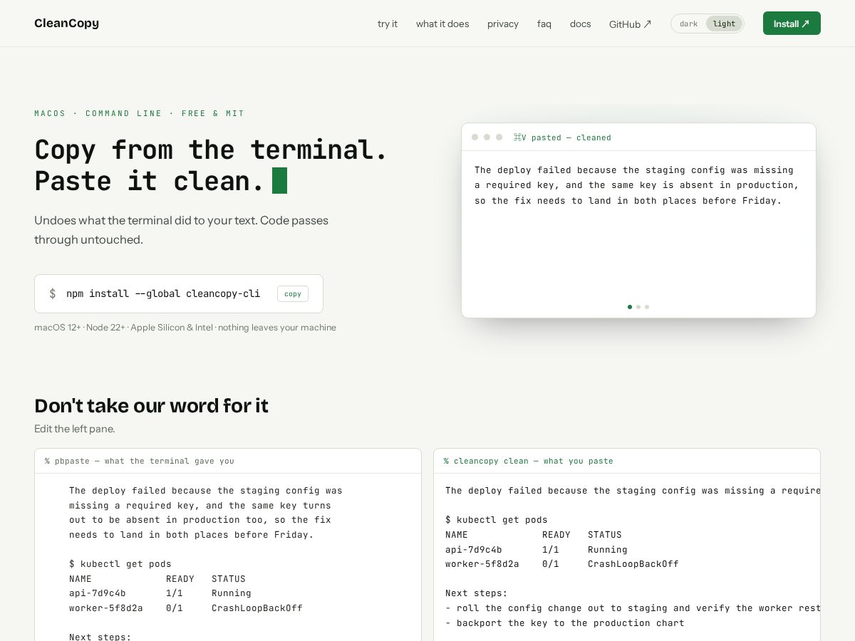 Landing-page snapshot of cleancopy.dev