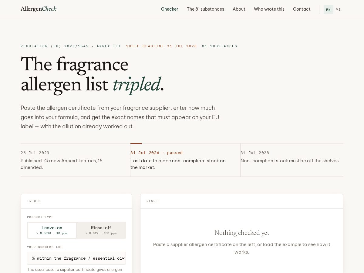 Landing-page snapshot of cosmeticallergens.com
