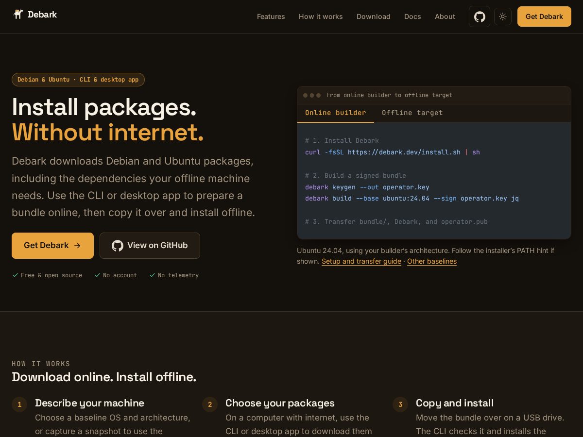 Landing-page snapshot of debark.dev