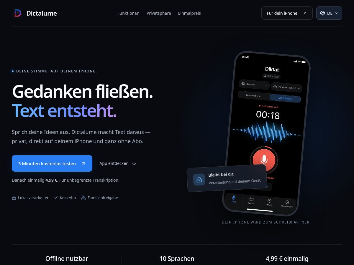 Landing-page snapshot of dictalume.app