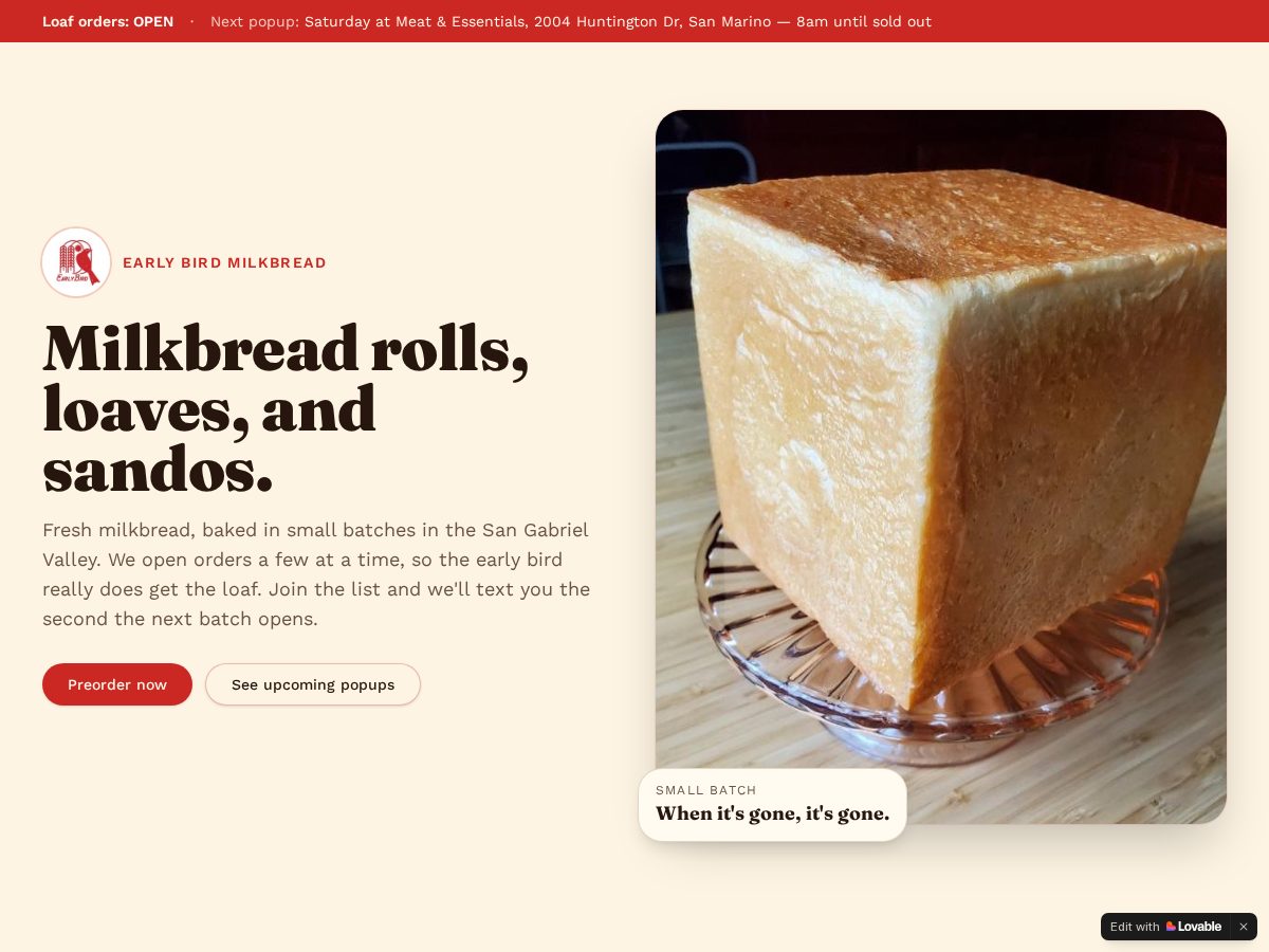 Landing-page snapshot of earlybirdmilkbread.com