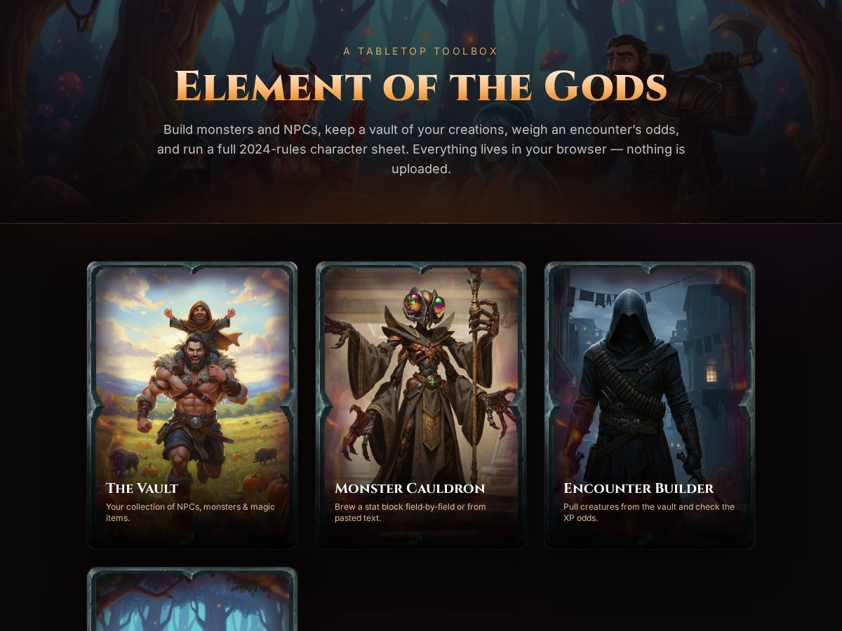 Landing-page snapshot of elementofthegods.app