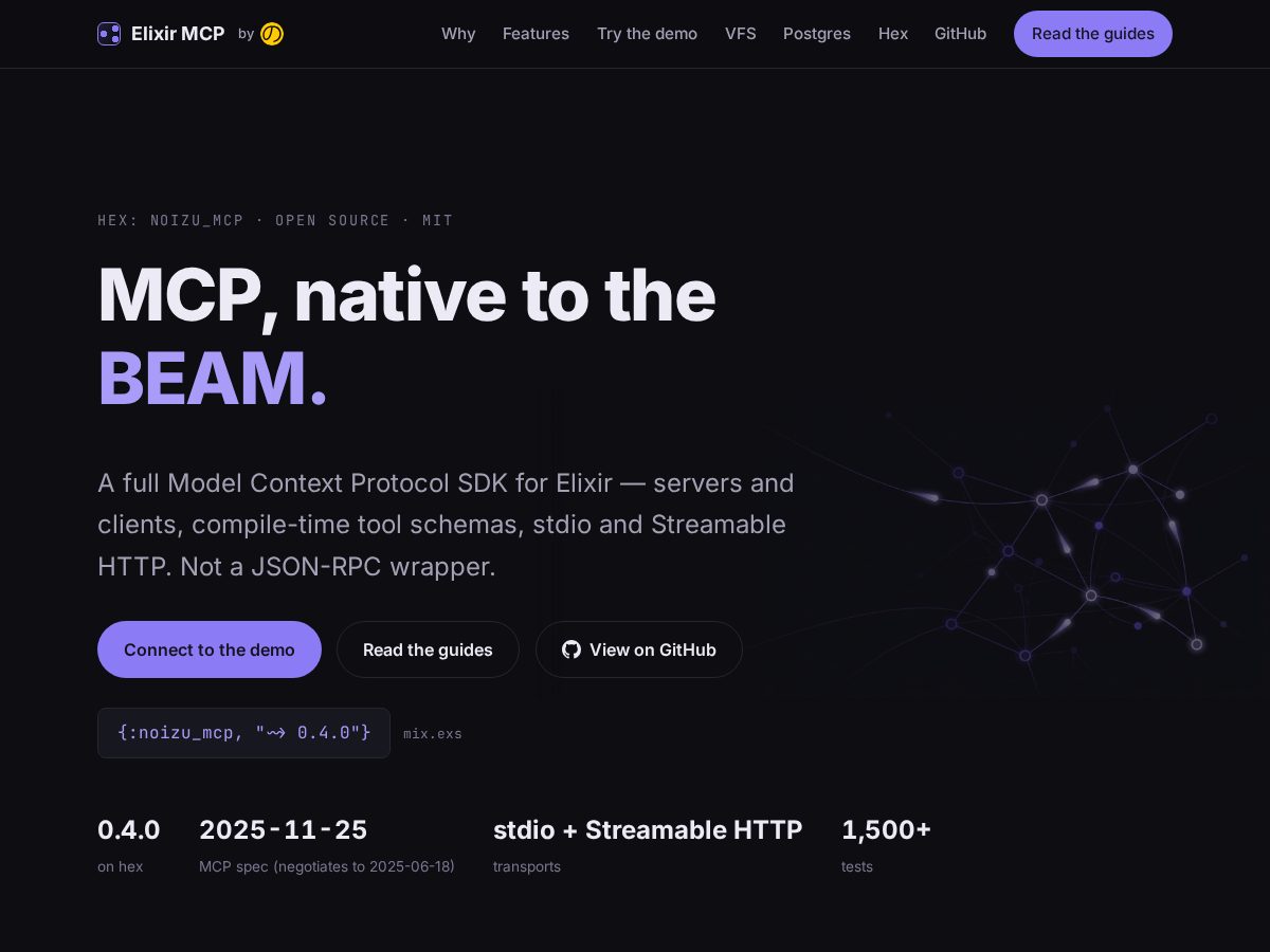 Landing-page snapshot of elixirmcp.dev