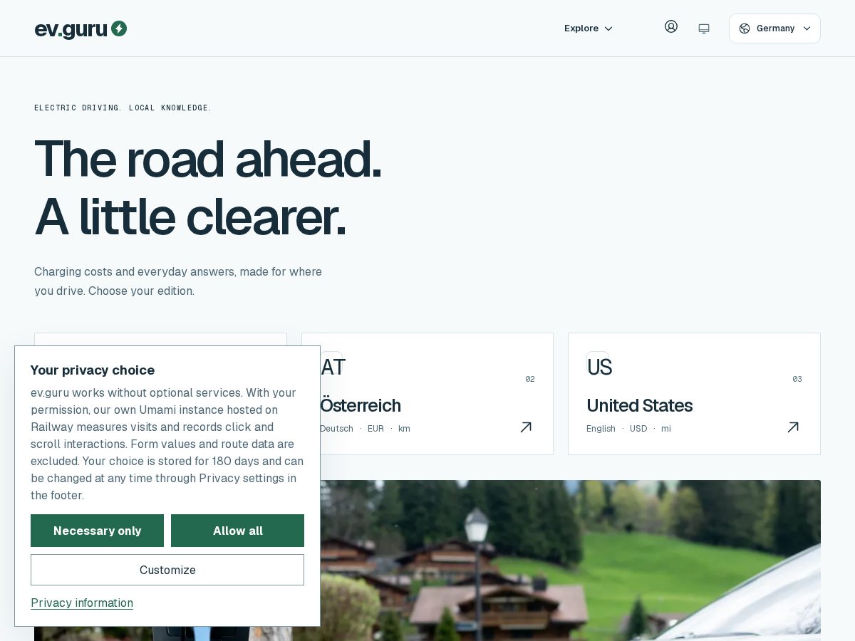 Landing-page snapshot of ev.guru
