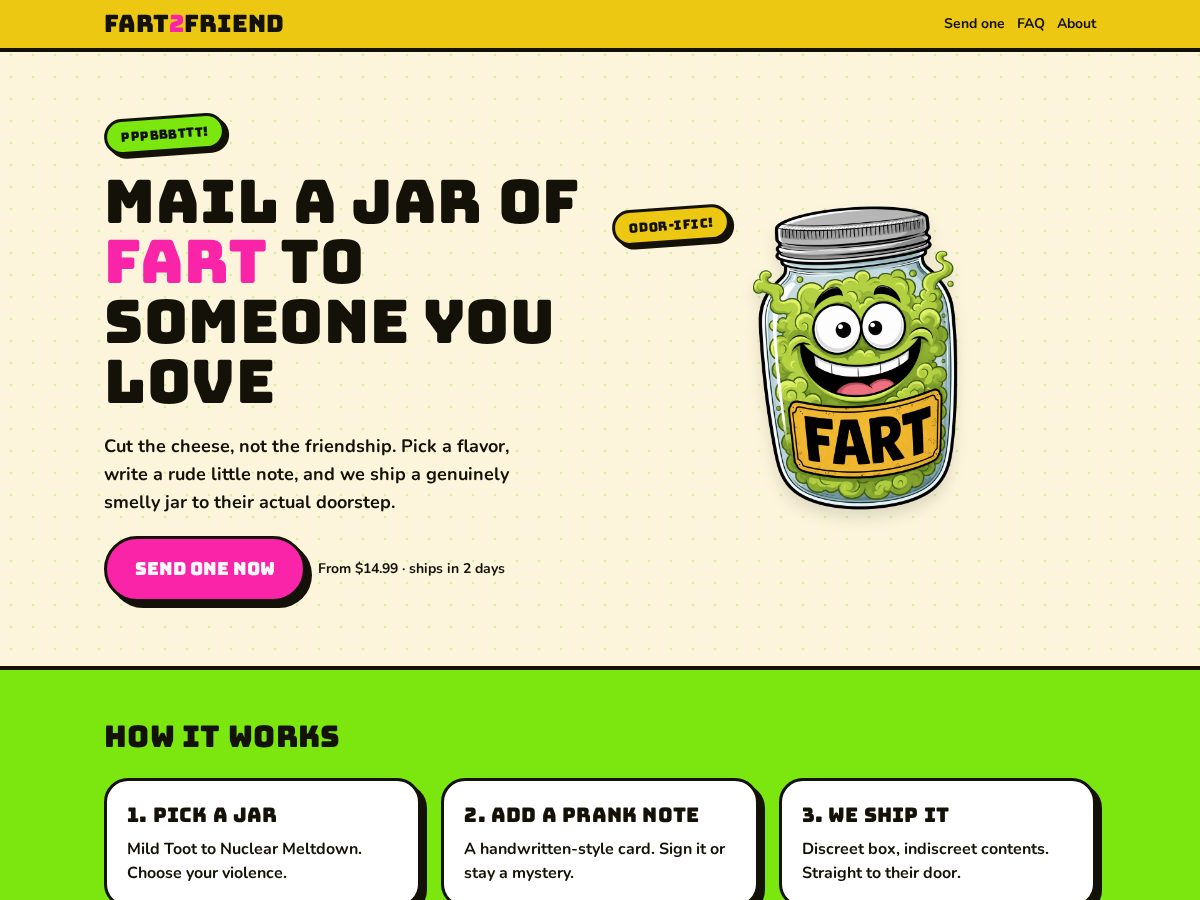 Landing-page snapshot of farttofriend.com
