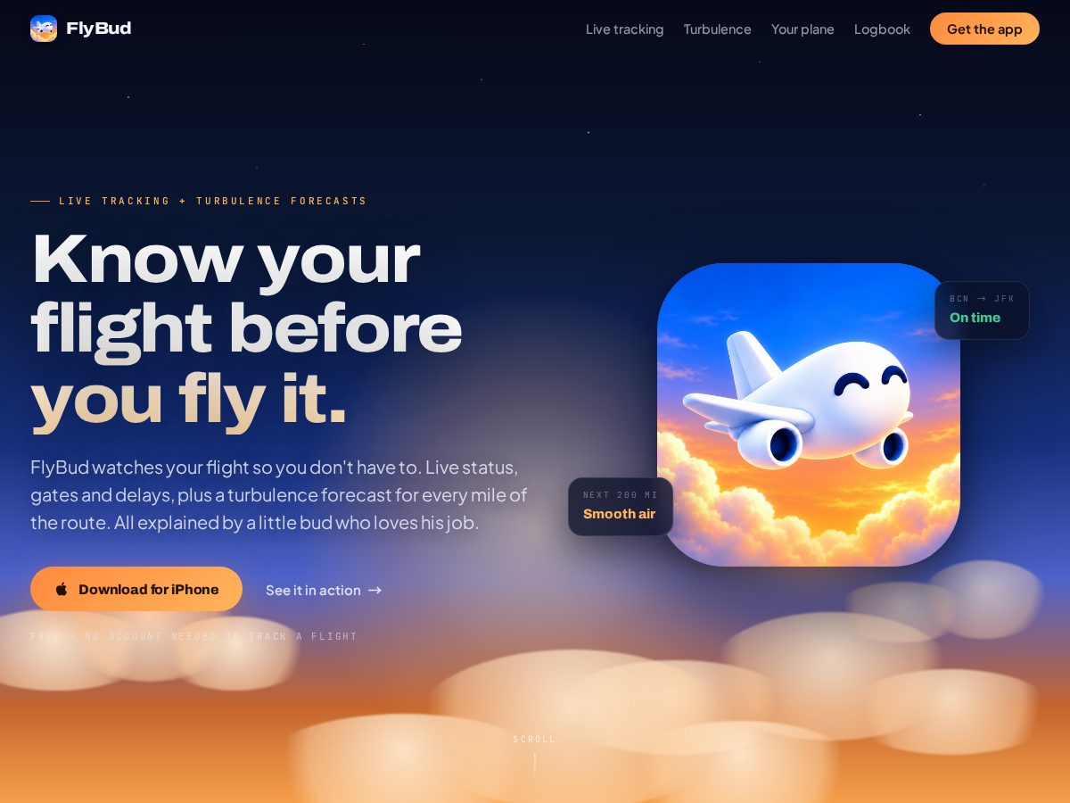 Landing-page snapshot of flybud.app