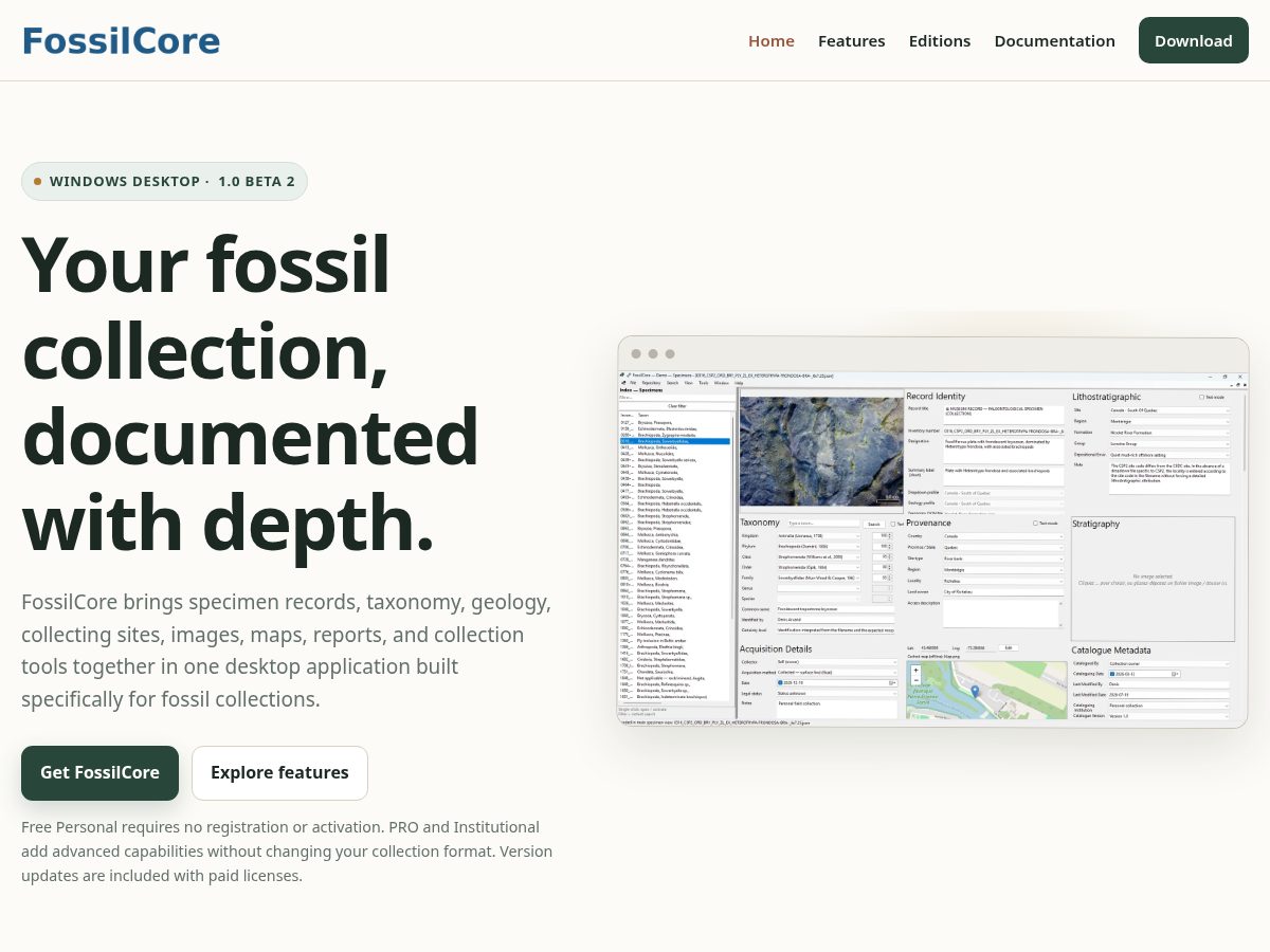 Landing-page snapshot of fossilcore.app