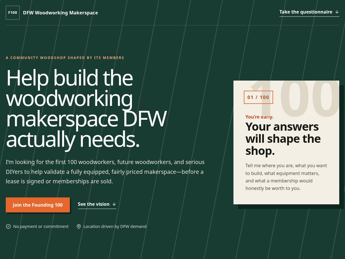 Landing-page snapshot of founding100dfw.com