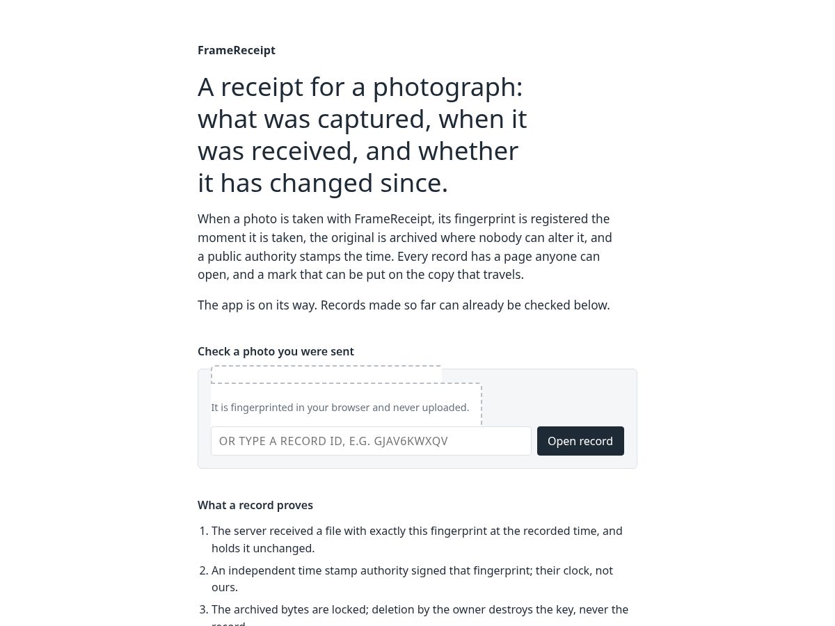Landing-page snapshot of framereceipt.com