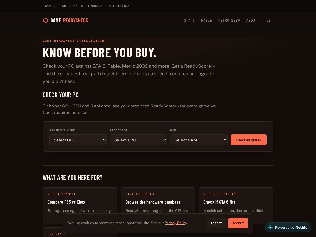 Landing-page snapshot of gamereadycheck.com