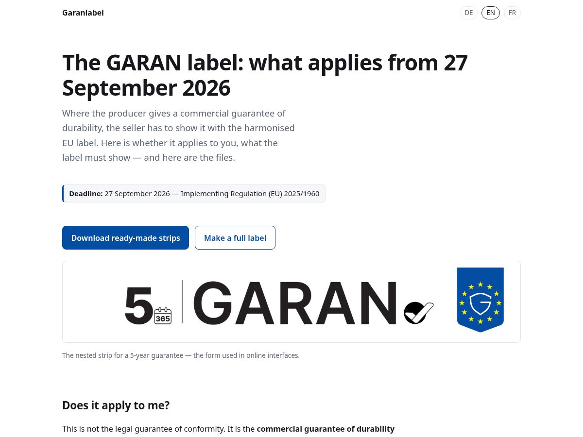Landing-page snapshot of garanlabel.com
