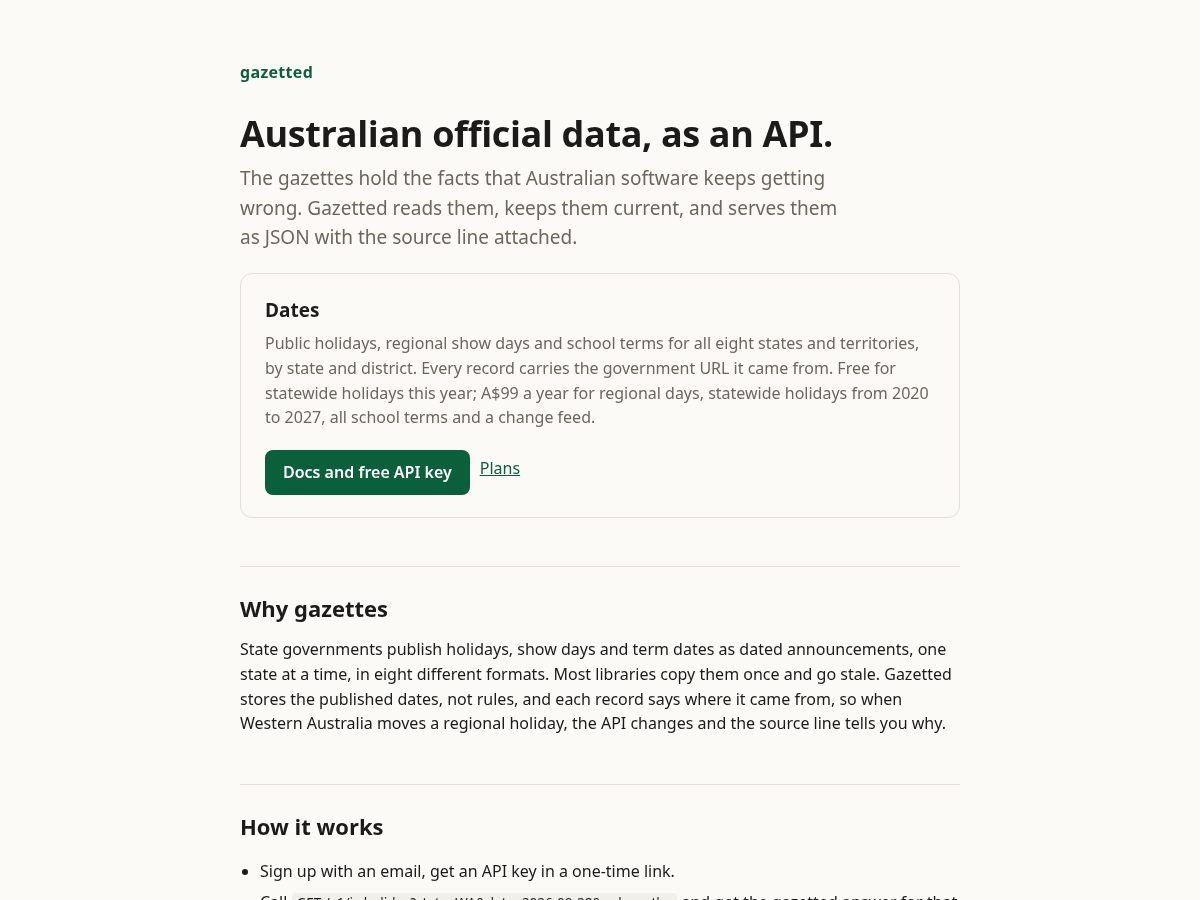 Landing-page snapshot of gazetted.dev