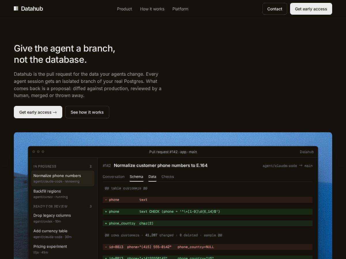 Landing-page snapshot of getdatahub.dev