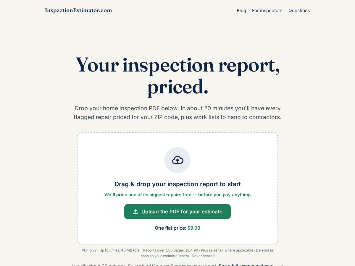 Landing-page snapshot of getinspectionestimator.com