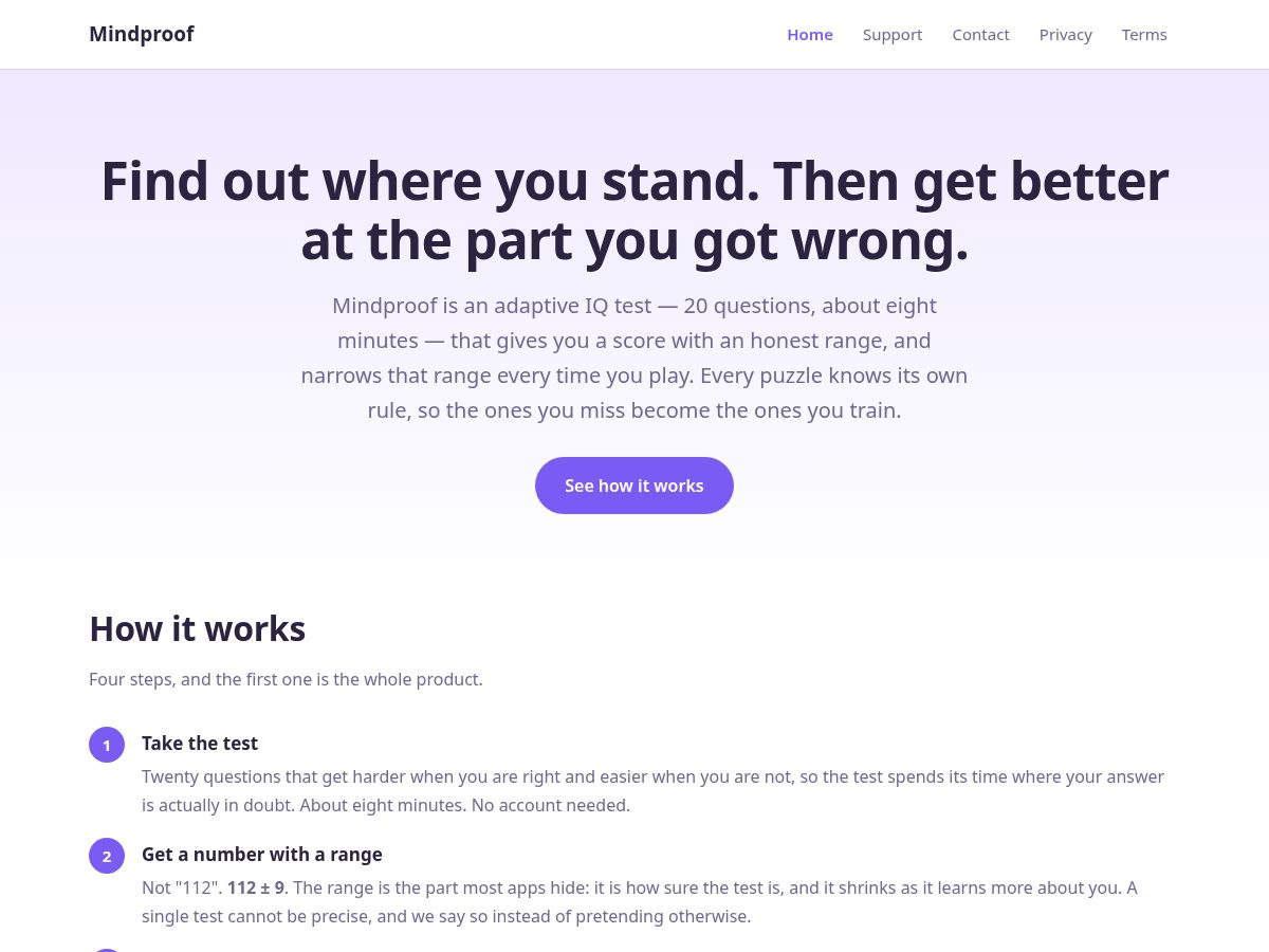 Landing-page snapshot of getmindproof.app