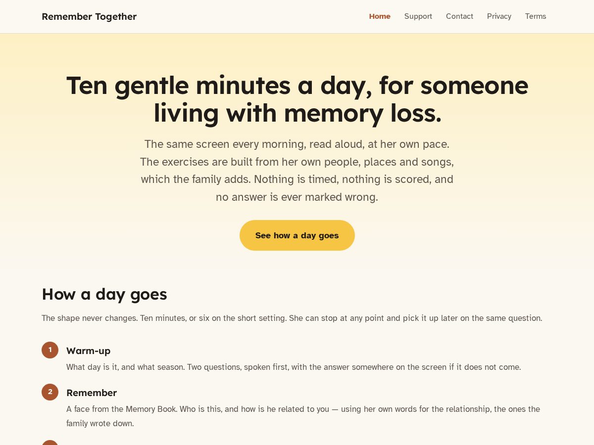 Landing-page snapshot of getremembertogether.app