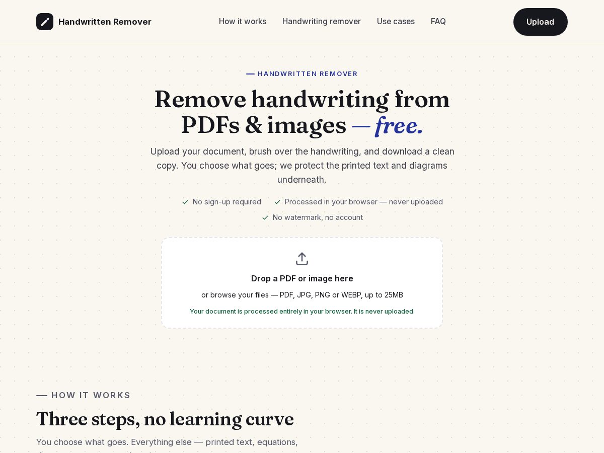 Landing-page snapshot of handwrittenremover.com