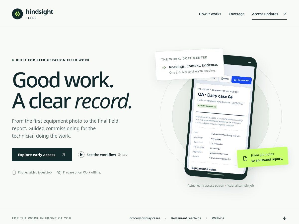 Landing-page snapshot of hindsightfield.com