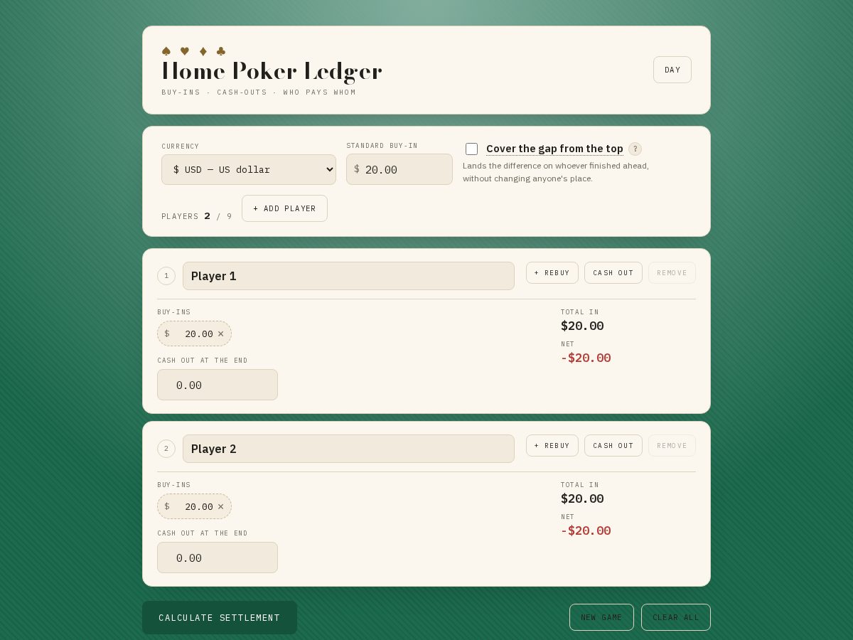 Landing-page snapshot of homepokerledger.com