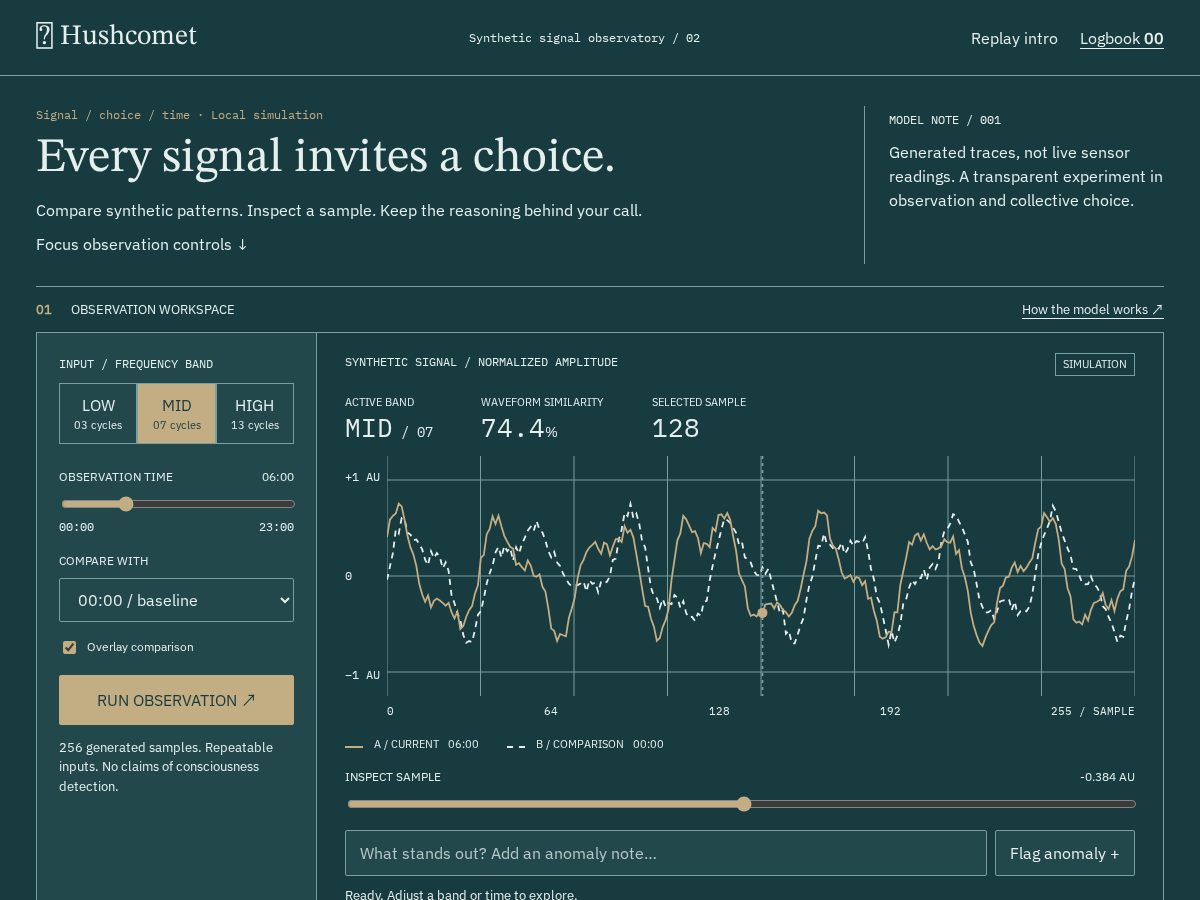 Landing-page snapshot of hushcomet.xyz