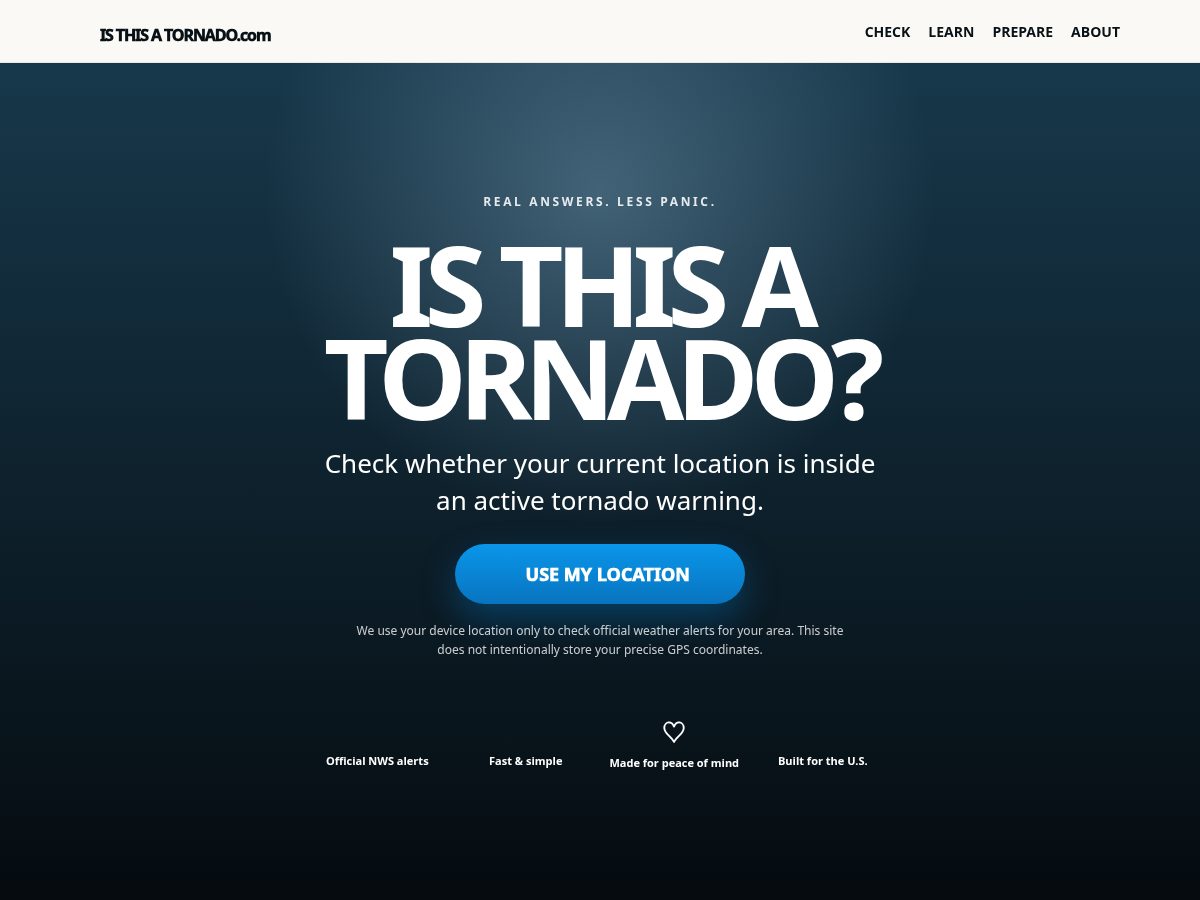 Landing-page snapshot of isthisatornado.com