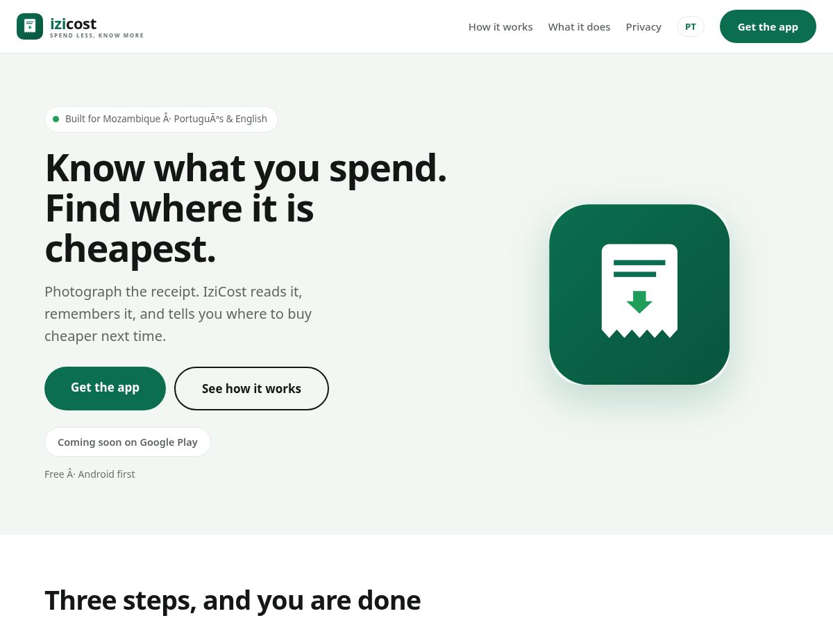 Landing-page snapshot of izicost.com