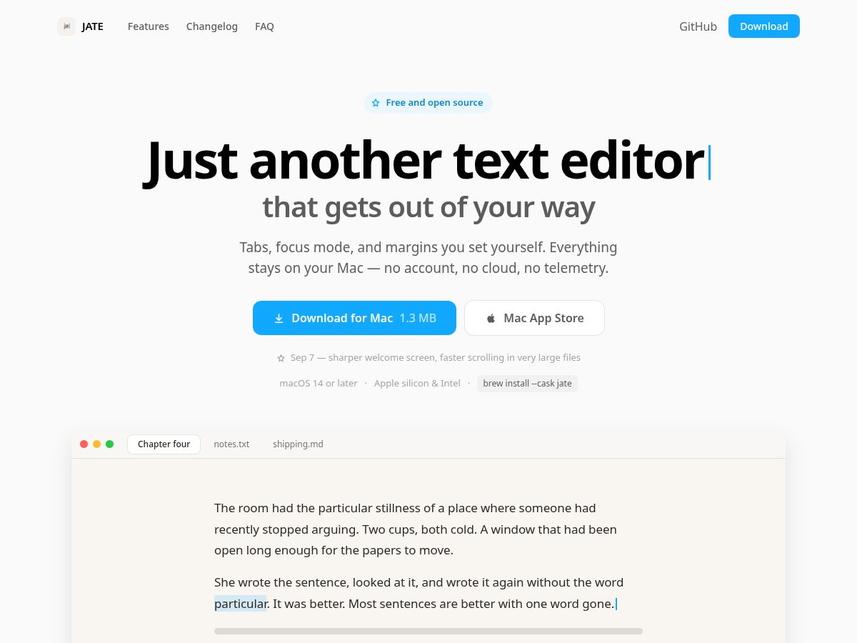Landing-page snapshot of justanothertexteditor.com