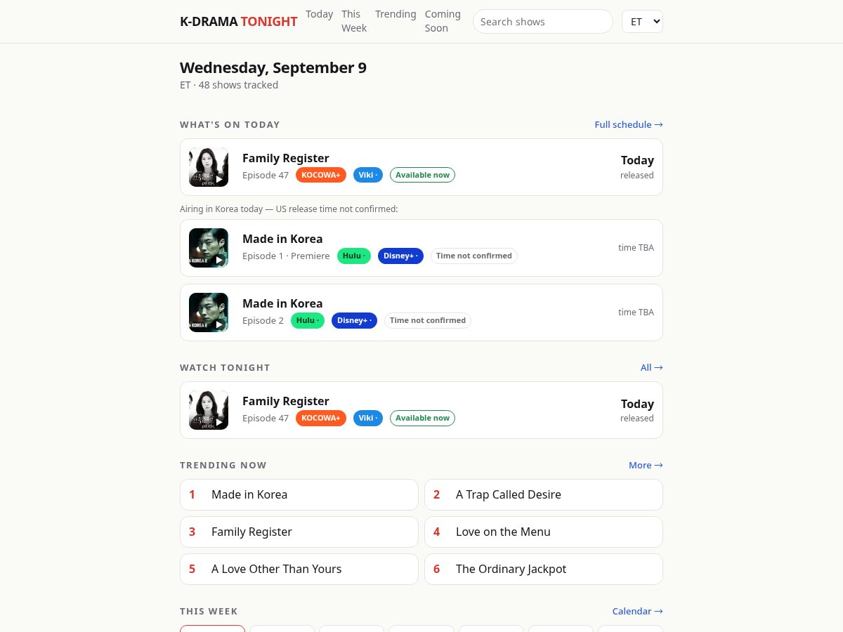 Landing-page snapshot of kdramatonight.com