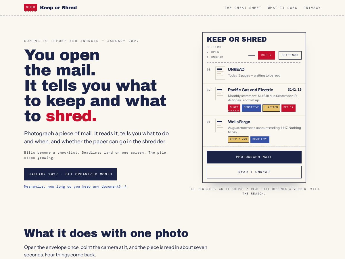 Landing-page snapshot of keeporshred.com