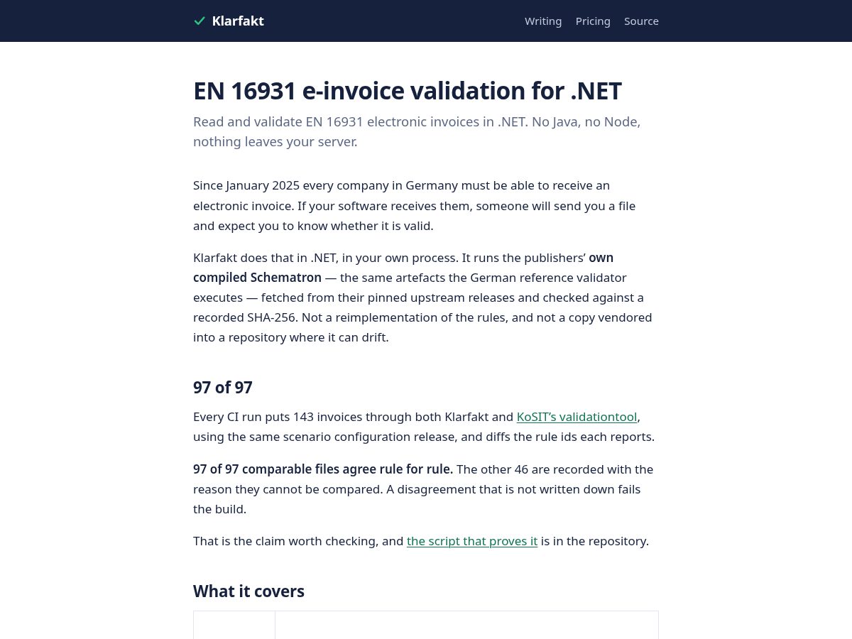 Landing-page snapshot of klarfakt.dev