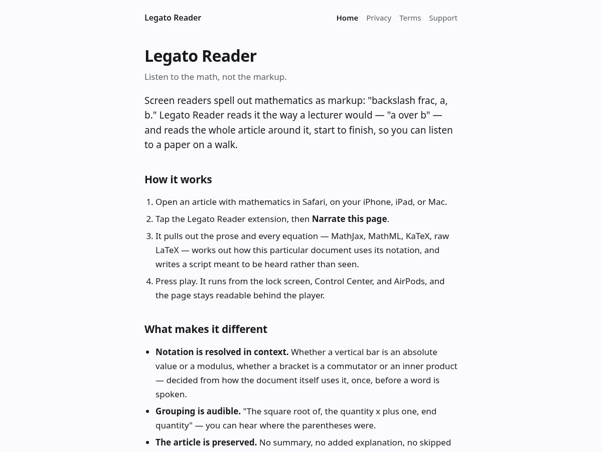 Landing-page snapshot of legatoreader.com