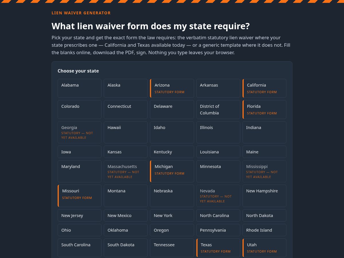Landing-page snapshot of lienwaivergenerator.com