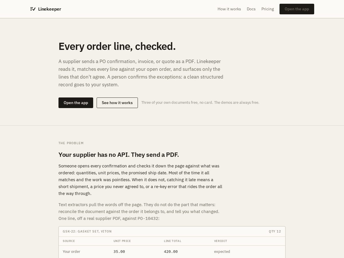 Landing-page snapshot of linekeeper.app