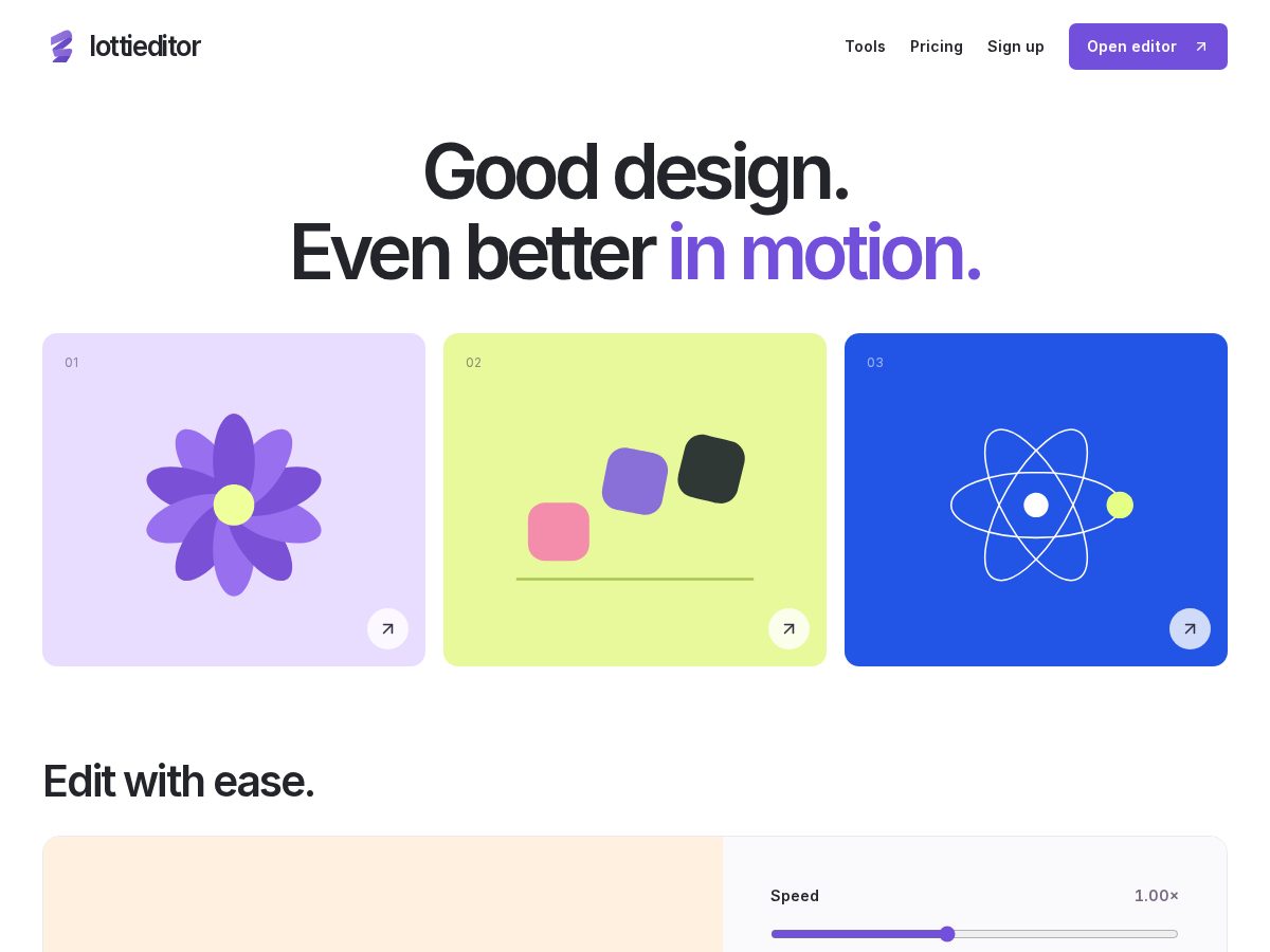 Landing-page snapshot of lottieditor.com