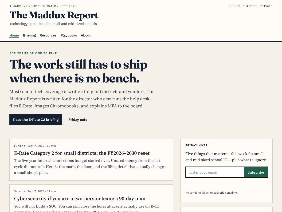 Landing-page snapshot of madduxreport.com