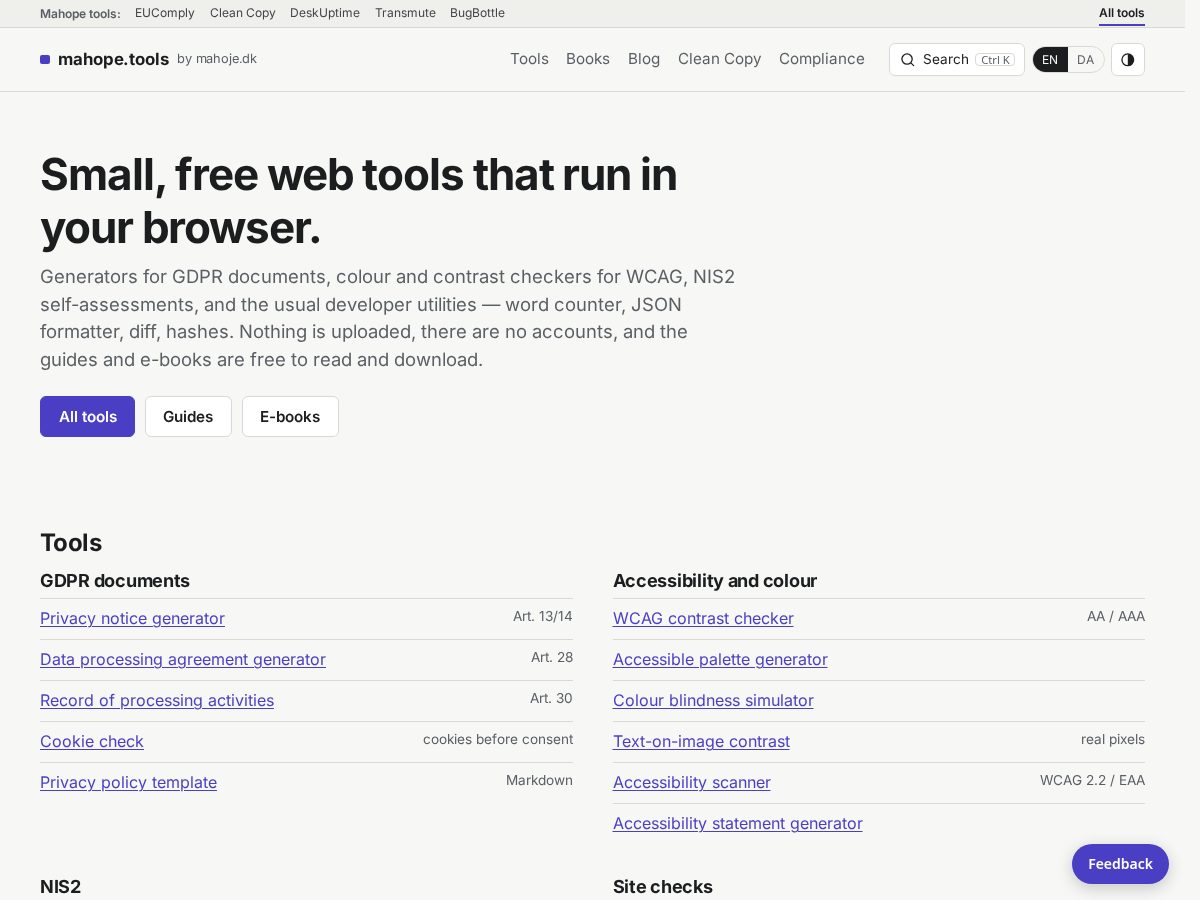 Landing-page snapshot of mahope.tools
