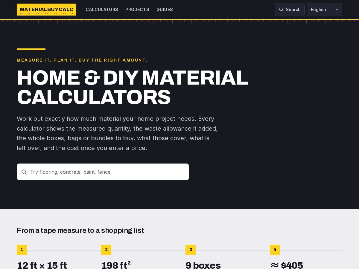 Landing-page snapshot of materialbuycalc.com
