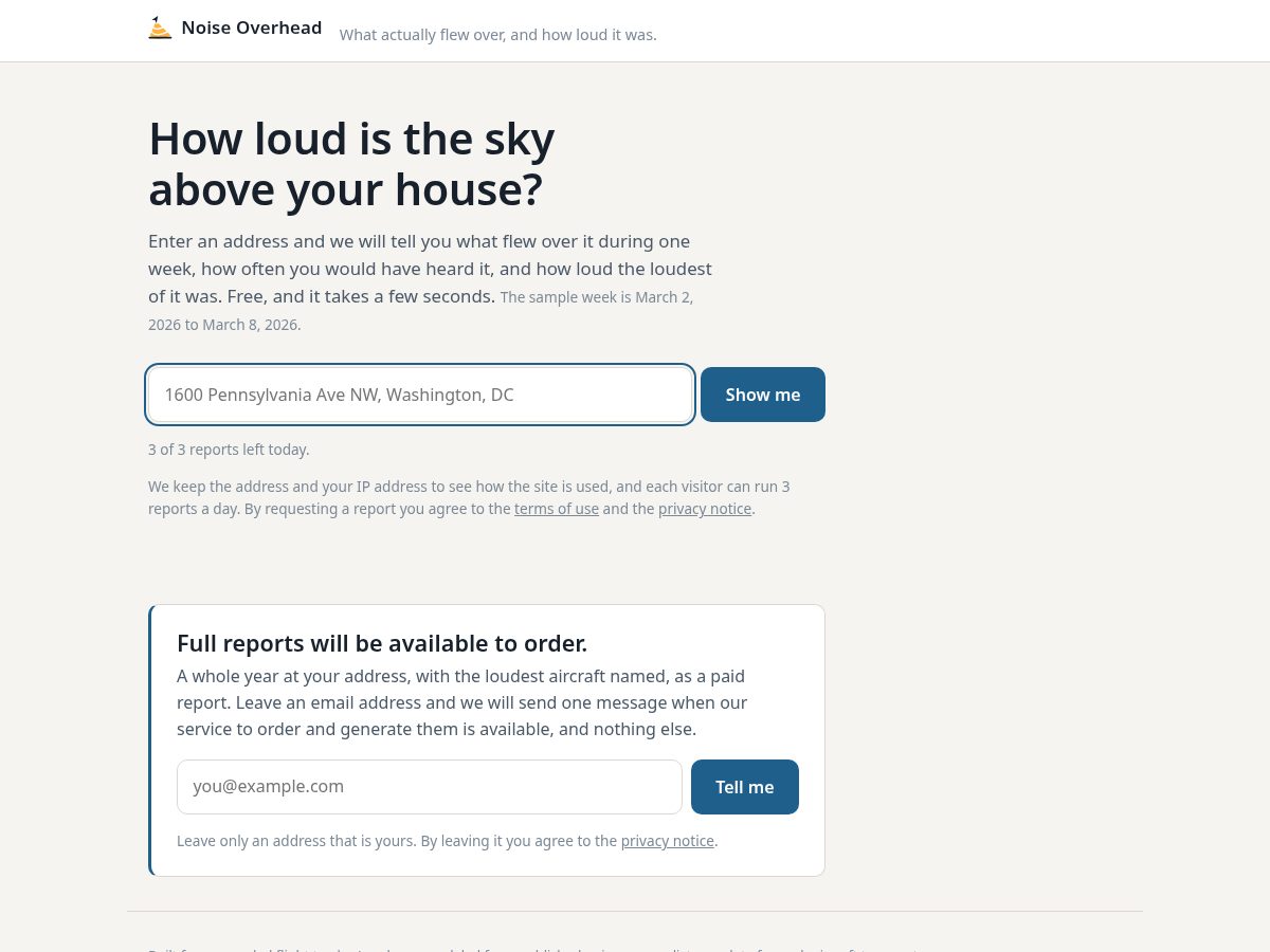 Landing-page snapshot of noiseoverhead.com