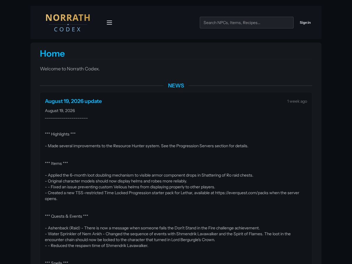 Landing-page snapshot of norrathcodex.com