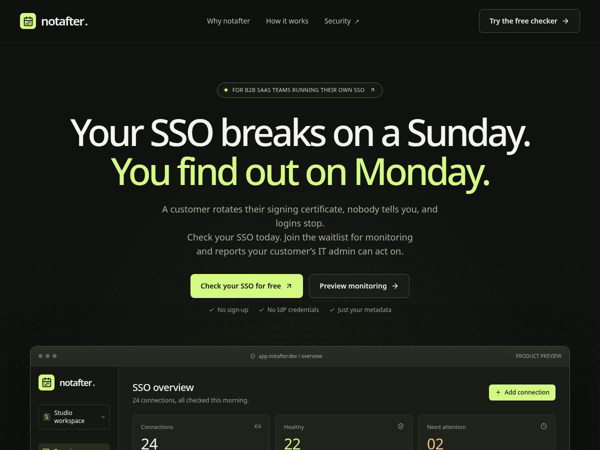 Landing-page snapshot of notafter.dev