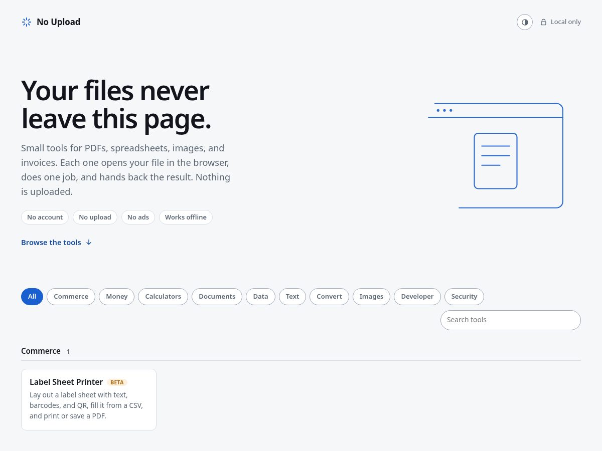 Landing-page snapshot of noupload.dev