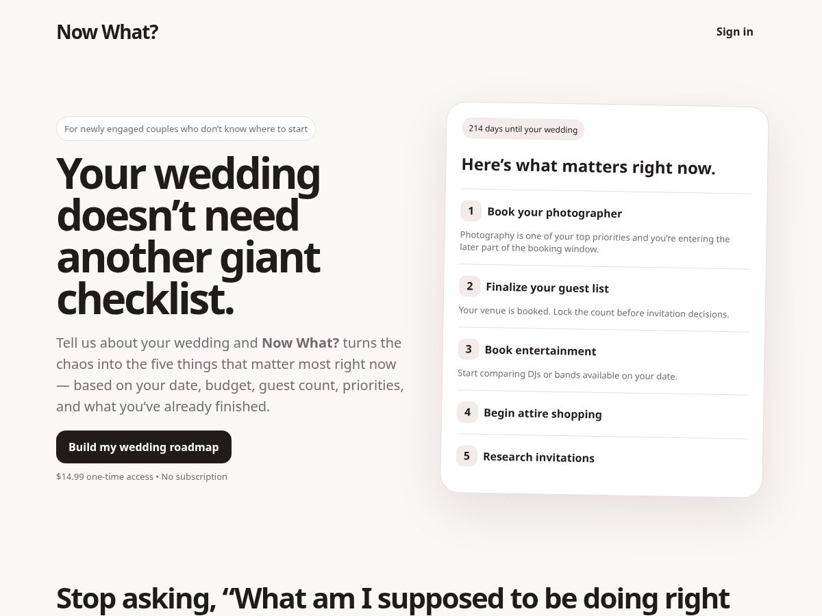 Landing-page snapshot of nowwhatwedding.com