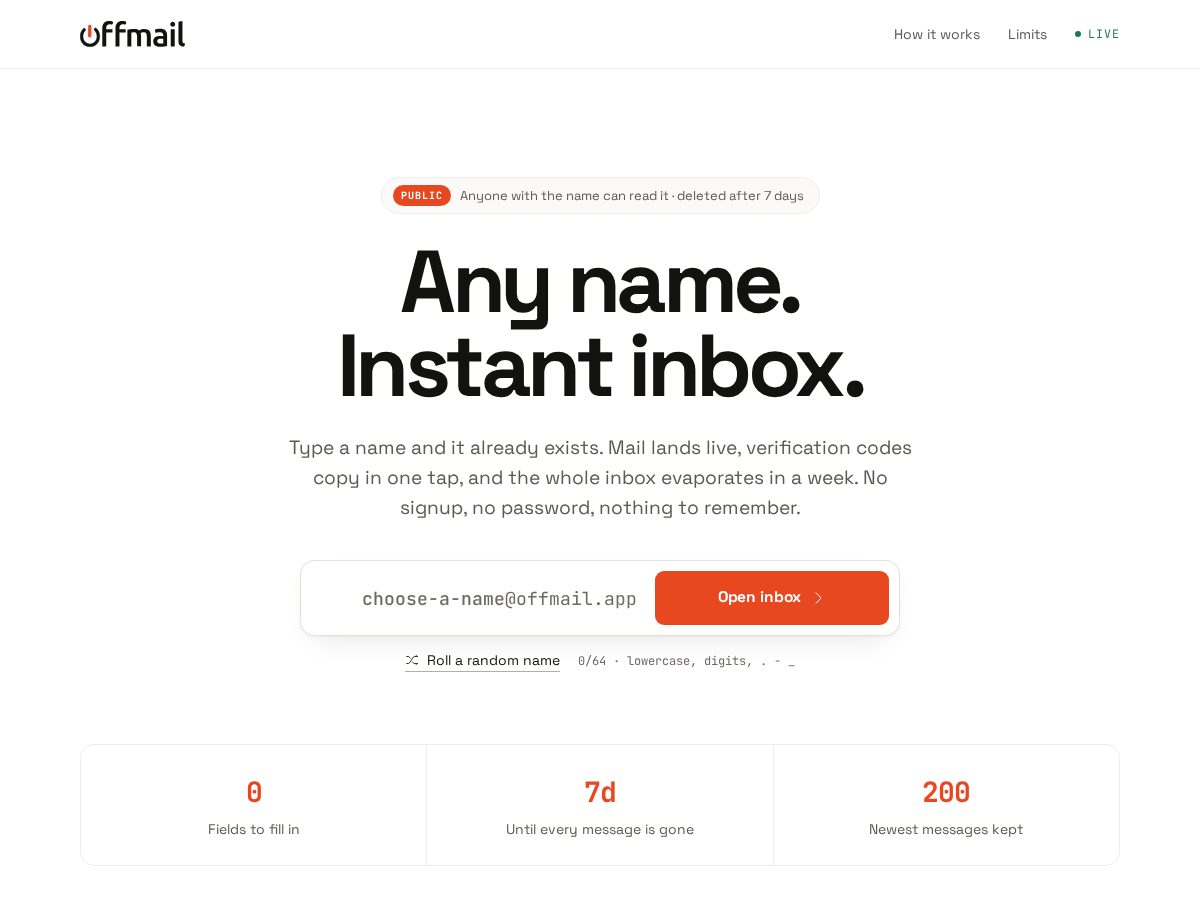 Landing-page snapshot of offmail.app