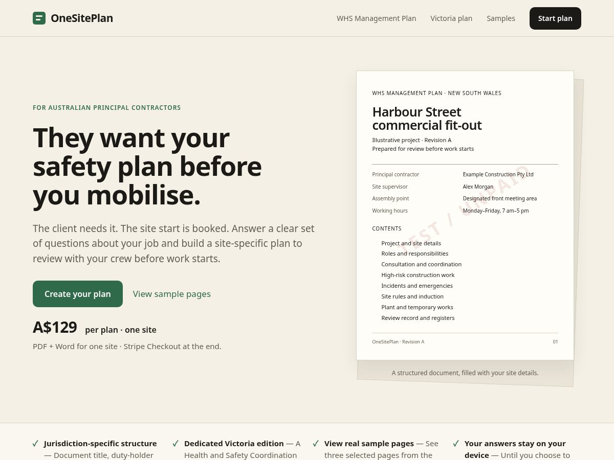 Landing-page snapshot of onesiteplan.com