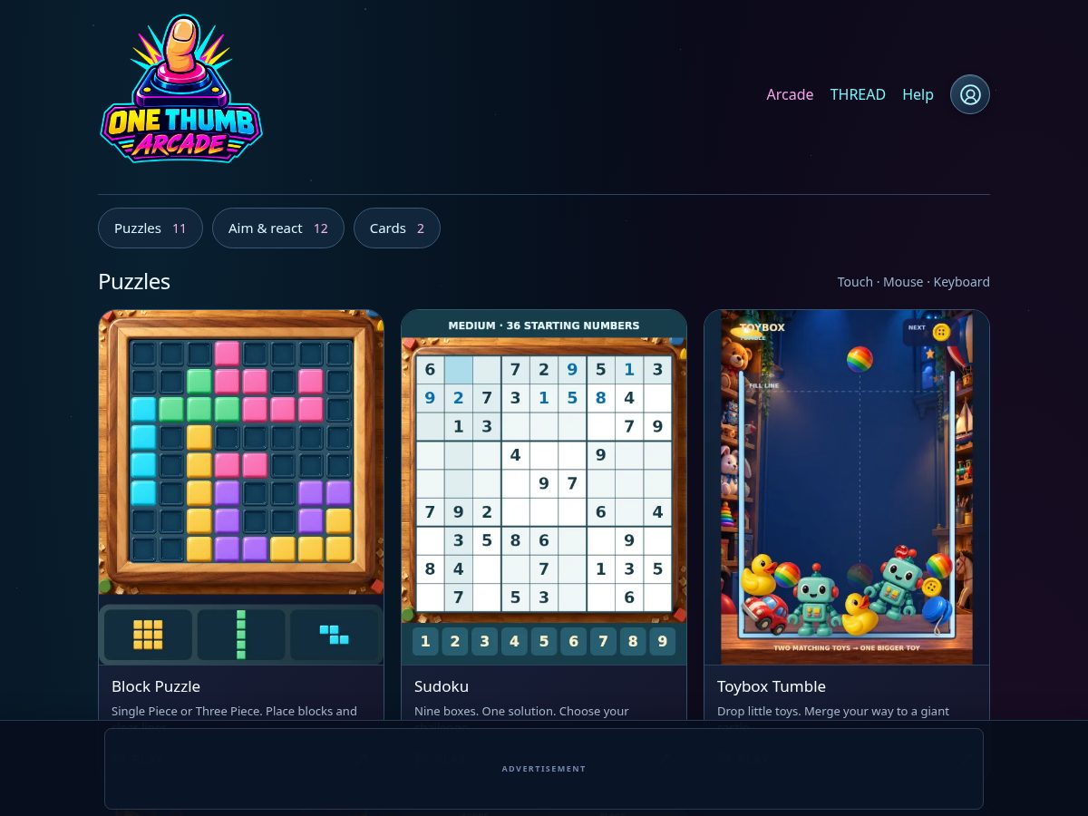 Landing-page snapshot of onethumbarcade.com